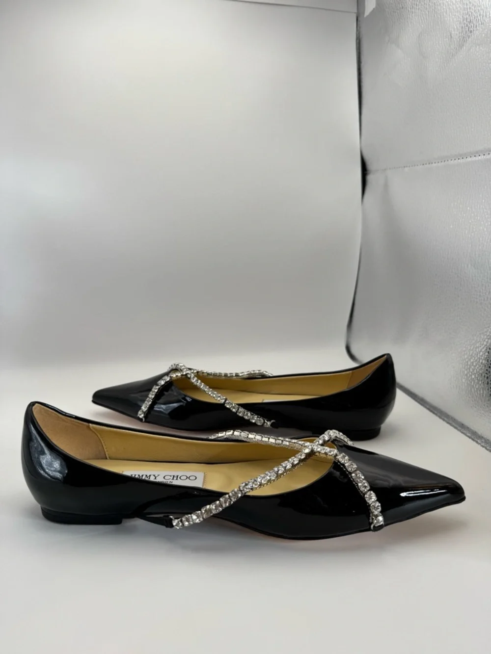 Jimmy Choo Crystal Strap Pointed Toe Flats Black Patent Leather Size 8 New - Picture 4 of 10